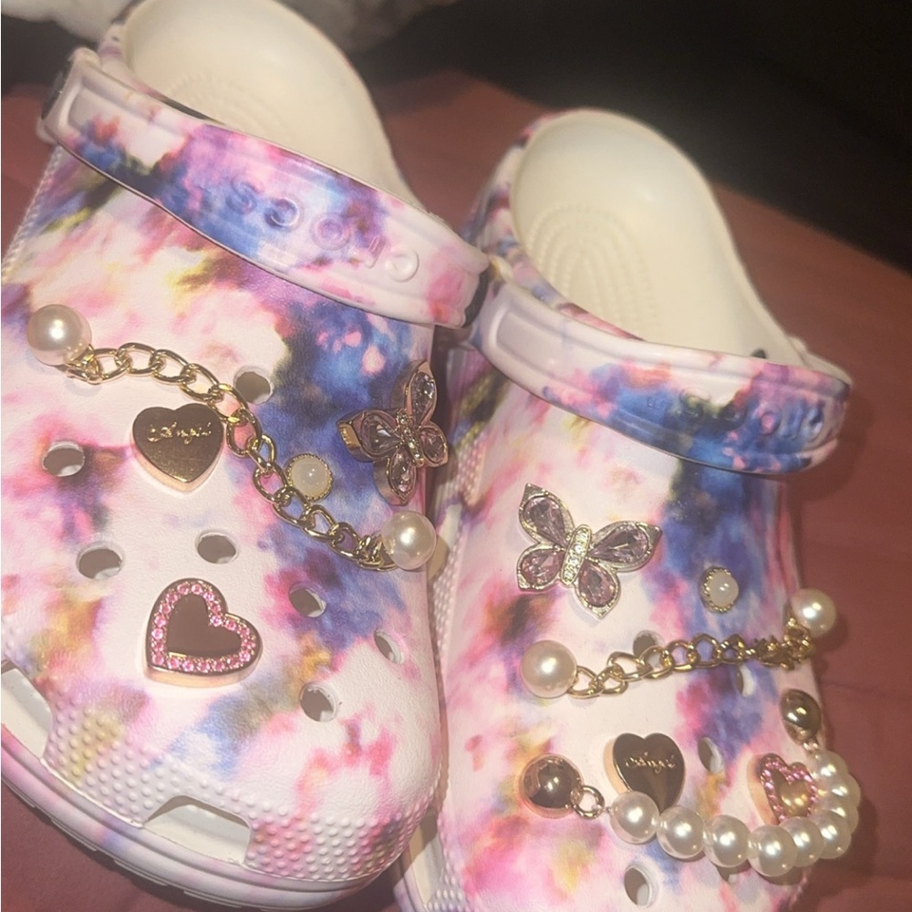 CROCS Pink and Blue Mules & Clogs with Decorative Charms